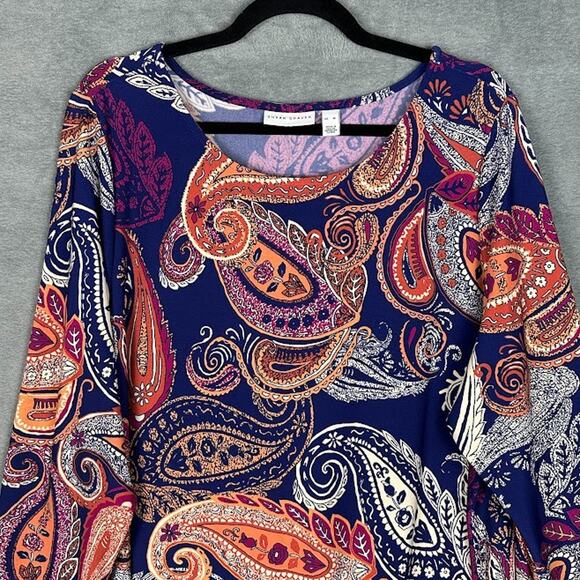 Susan Graver Top Womens Extra Large Navy Paisley Liquid Knit Stretch 3/4 Length - Picture 2 of 13